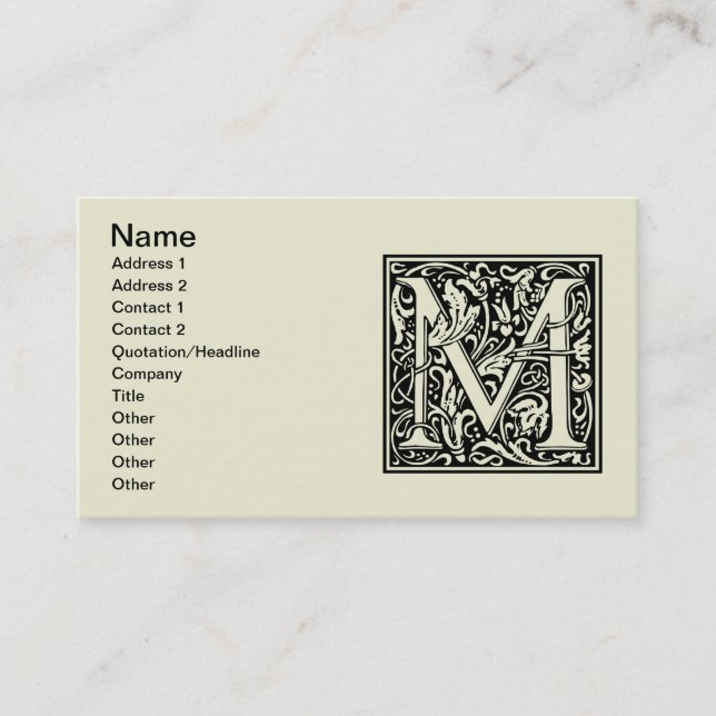 Letter M mittelalterliche Monogram Art Nouveau Visitenkarte (Vorderseite)