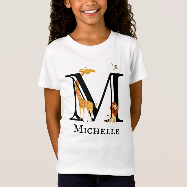 Letter M Monogram Child Safari Animals Giraffe T-Shirt (Vorderseite)
