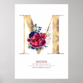 Letter M Monogram Floral Navy Blue und Burgundy Poster