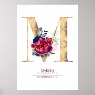Letter M Monogram Floral Navy Blue und Burgundy Poster