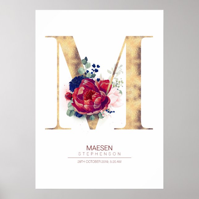 Letter M Monogram Floral Navy Blue und Burgundy Poster (Vorne)