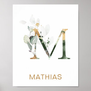 Letter M Monogram Green & gold foliing Kinderzimme Poster