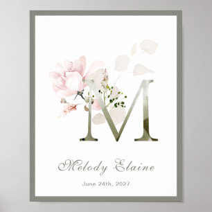 Letter M Monogram Pink White Floral Kinderzimmer P Poster