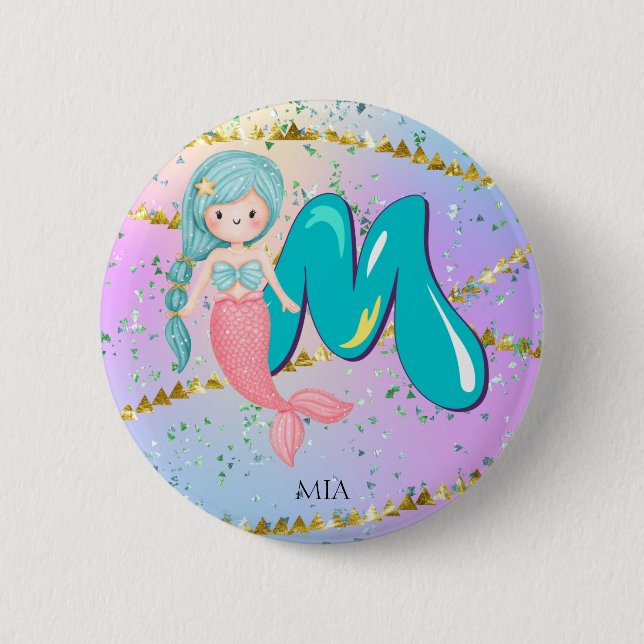 Letter M Monogram Watercolor Niedlich Mermaid Kind Button (Vorderseite)