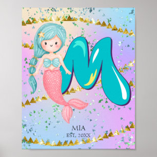 Letter M Monogram Watercolor Niedlich Mermaid Kind Poster