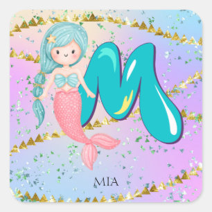 Letter M Monogram Watercolor Niedlich Mermaid Kind Quadratischer Aufkleber