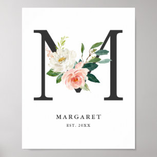 Letter M Monogram Watercolor Peach Florals Kinderz Poster