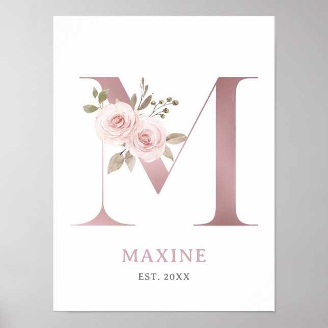 Letter M Monogram Watercolor Rose Florals Kinderzi Poster (Vorne)
