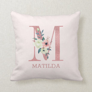 Letter M Pink Watercolor Floral Monogram Kinderzim Kissen