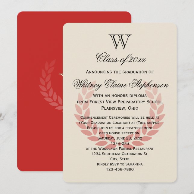 Letter Monogram Classic Red Uni-Abschluss Einladung (Vorne/Hinten)