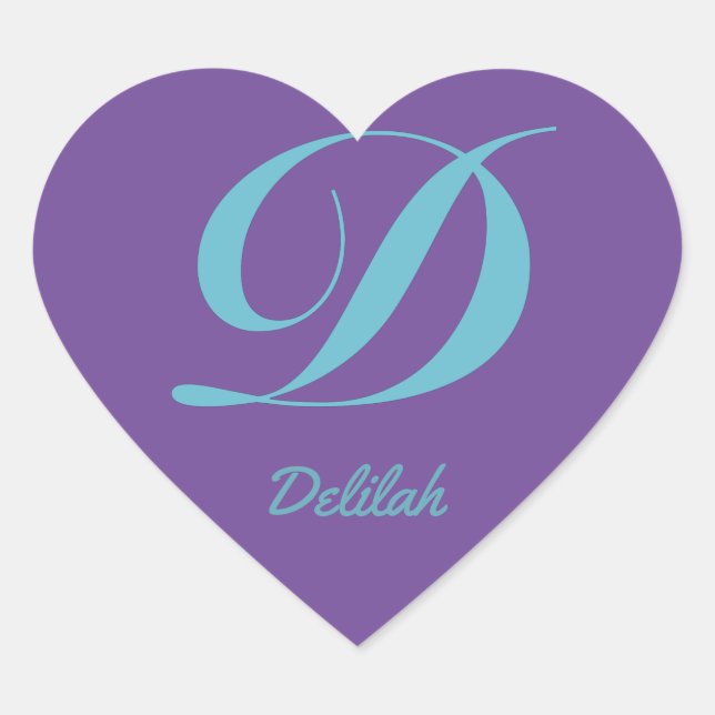 Letter Monogram Initial D Lila Blue Kalligraphie Herz-Aufkleber (Vorderseite)