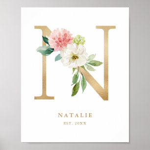 Letter N Blush Floral Monogram Gold Foil Kinderzim Poster