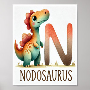 Letter N, Dinosaur Alphabet Watercolor Poster