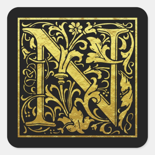 Letter N First Letter Imitate Gold Schwarz Quadratischer Aufkleber (Vorderseite)