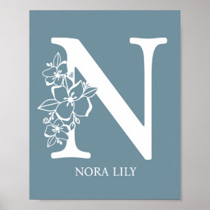 Letter N Floral Monogram Name Nursery Modern  Poster