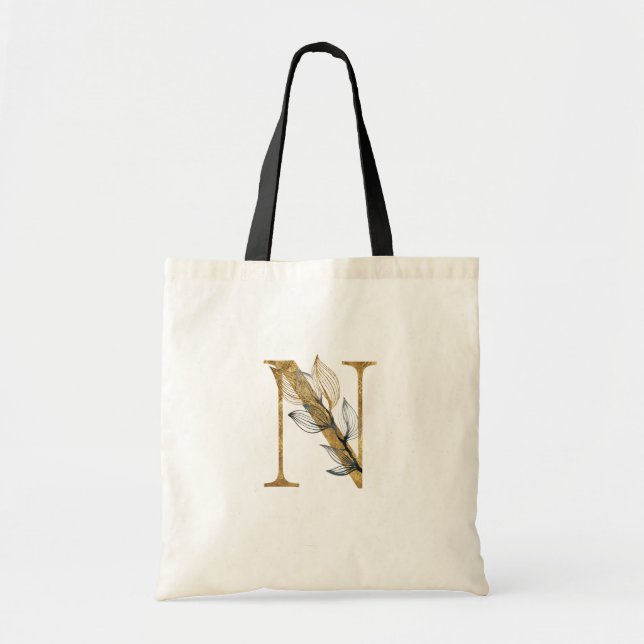** Letter N Gold Monogram Anfangs Black Leaves Tragetasche (Vorne)