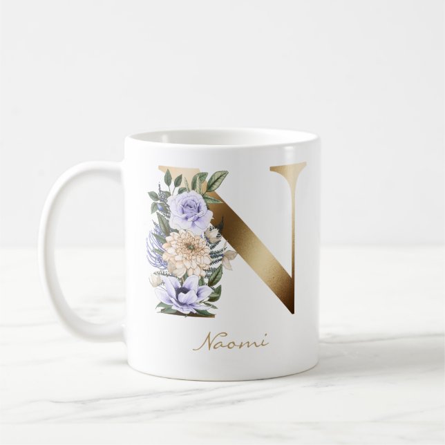 Letter N Gold Monogram Light Lila Creme Floral Kaffeetasse (Links)