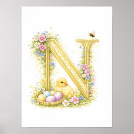 Letter N Gold Spring Nature Monogram Duckling Kids Poster