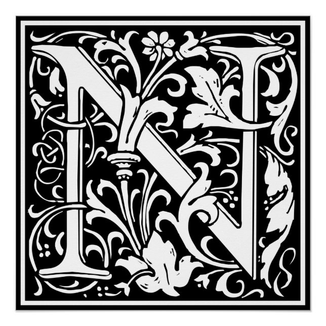 Letter N Mittelalterliche Monogram Art Nouveau Poster (Vorderseite)