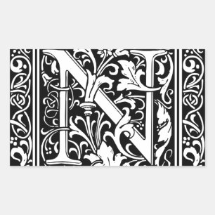 Letter N Mittelalterliche Monogram Art Nouveau Rechteckiger Aufkleber
