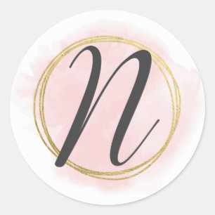 Letter N Monogram Blush Pink Watercolor Gold Chic Runder Aufkleber