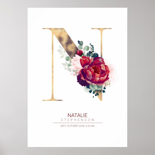 Letter N Monogram Floral Burgundy Red and Gold Poster (Vorne)
