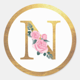 Letter N Monogram Roses Floral & Elegant Gold Runder Aufkleber