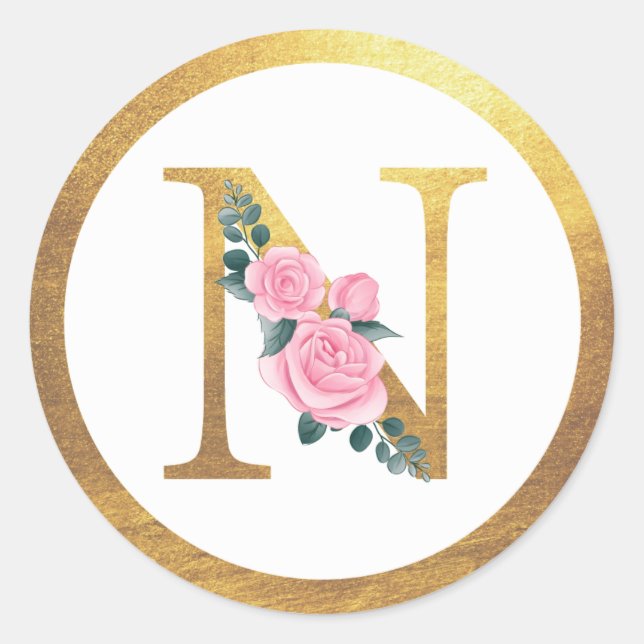 Letter N Monogram Roses Floral & Elegant Gold Runder Aufkleber (Vorderseite)