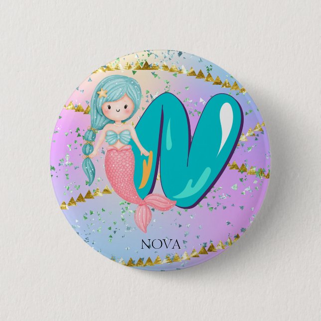 Letter N Monogram Watercolor Niedlich Mermaid Kind Button (Vorderseite)
