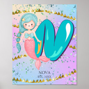 Letter N Monogram Watercolor Niedlich Mermaid Kind Poster