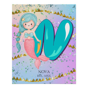 Letter N Monogram Watercolor Niedlich Mermaid Kind Poster