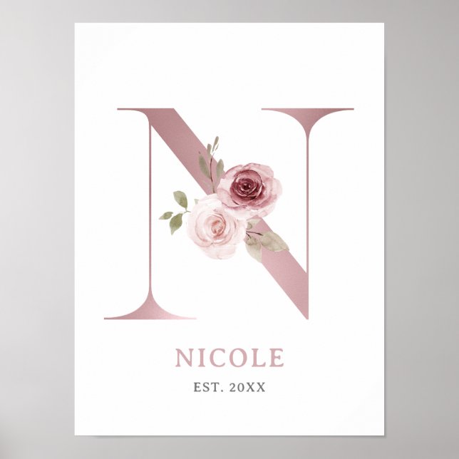 Letter N Monogram Watercolor Rose Florals Kinderzi Poster (Vorne)