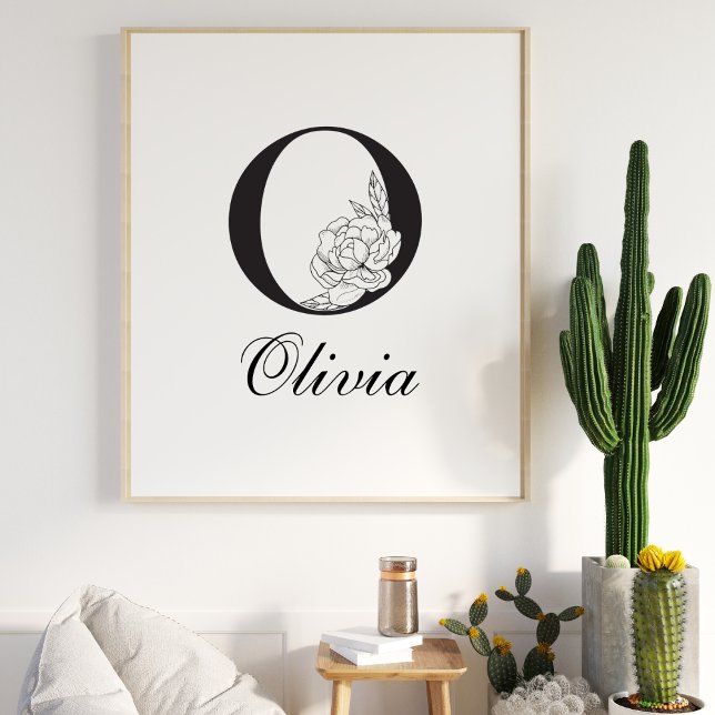 Letter O Floral Modern Black Monogram Kinderzimmer Poster (Von Creator hochgeladen)