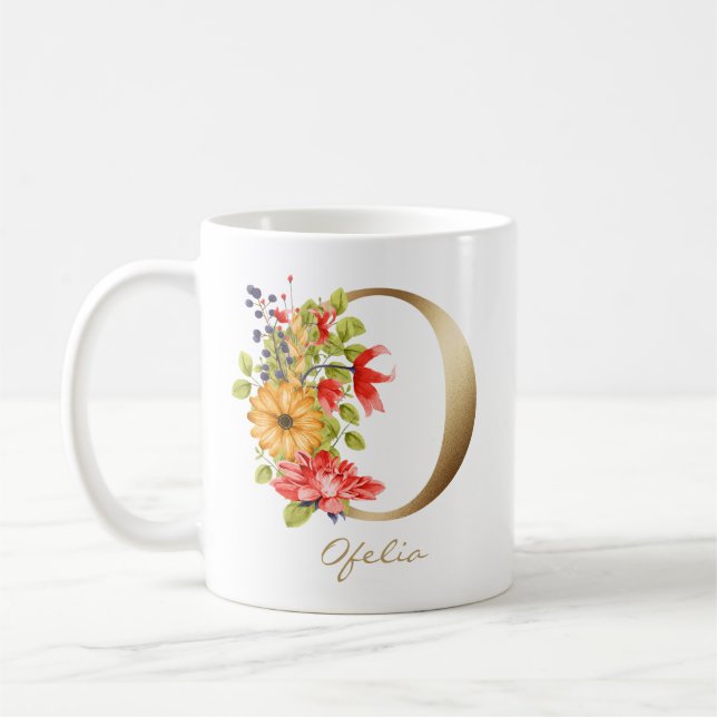 Letter O Gold Monogram Yellow Red Lila Floral Kaffeetasse (Links)