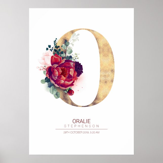 Letter O Monogram Floral Burgundy Red and Gold Poster (Vorne)