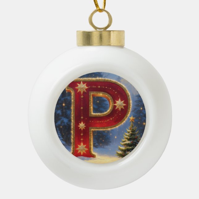 Letter P Christmas Pine Tree Personalized Initial Keramik Kugel-Ornament (Vorderseite)