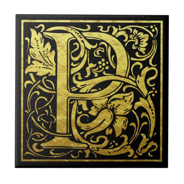 Letter P First Letter Imitate Gold Black Fliese (Vorderseite)