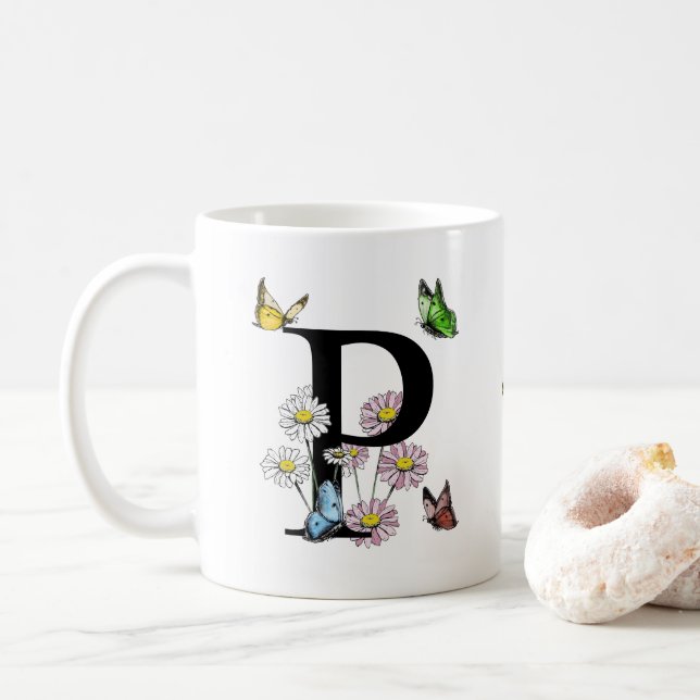 Letter P Floral Butterfly Monogramm Kaffeetasse (Mit Donut)