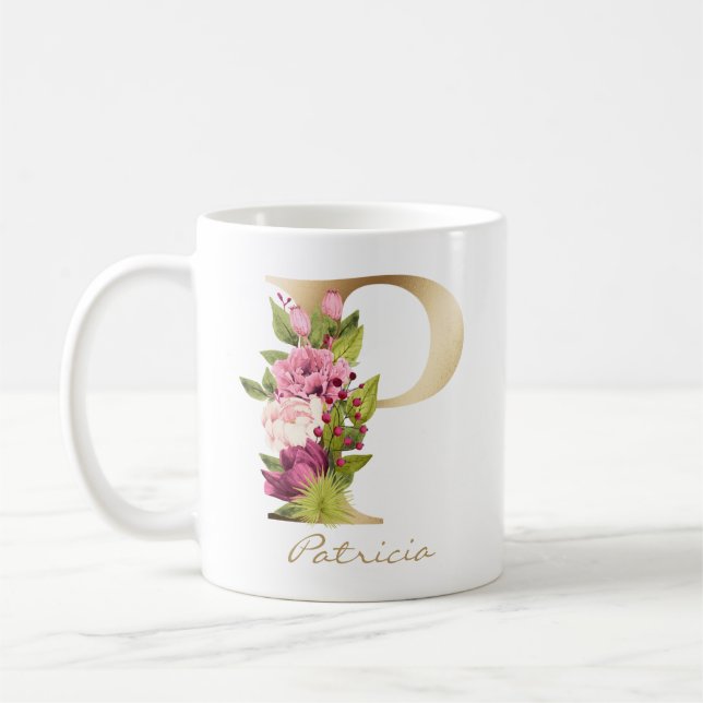Letter P Gold Monogram Pink White Magental Floral  Kaffeetasse (Links)