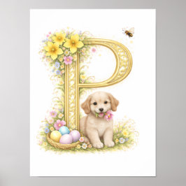 Letter P Gold Spring Nature Monogram Kids Puppy  Poster