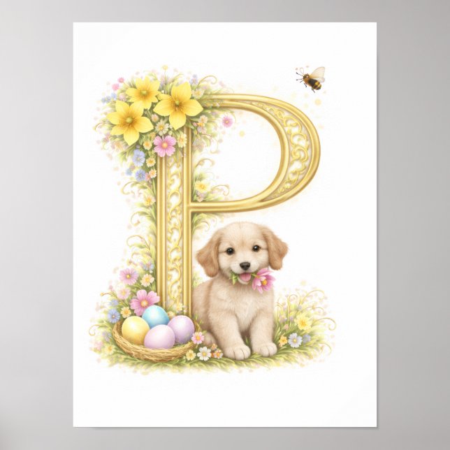 Letter P Gold Spring Nature Monogram Kids Puppy  Poster (Vorne)