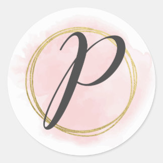 Letter P Monogram Blush Pink Watercolor Gold Chic Runder Aufkleber
