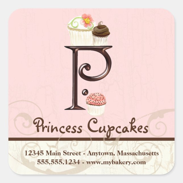 Letter P Monogram Cupcake Logo Box Quadratischer Aufkleber (Vorderseite)