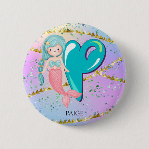 Letter P Monogram Watercolor Niedlich Mermaid Kind Button