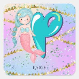 Letter P Monogram Watercolor Niedlich Mermaid Kind Quadratischer Aufkleber