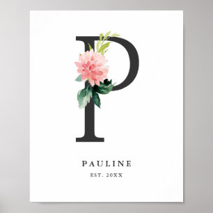 Letter P Monogram Watercolor Peach Florals Kinderz Poster