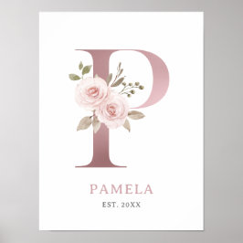 Letter P Monogram Watercolor Rose Florals Kinderzi Poster