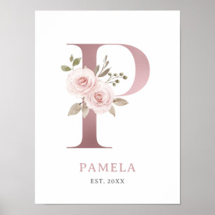 Letter P Monogram Watercolor Rose Florals Kinderzi Poster
