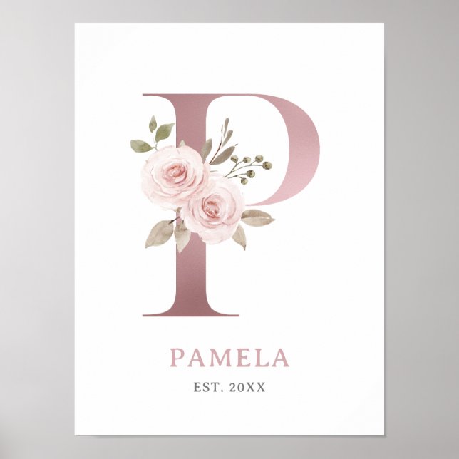 Letter P Monogram Watercolor Rose Florals Kinderzi Poster (Vorne)