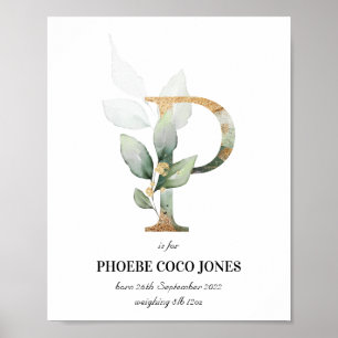 Letter P New Baby Monogram Birth Print Green Poster